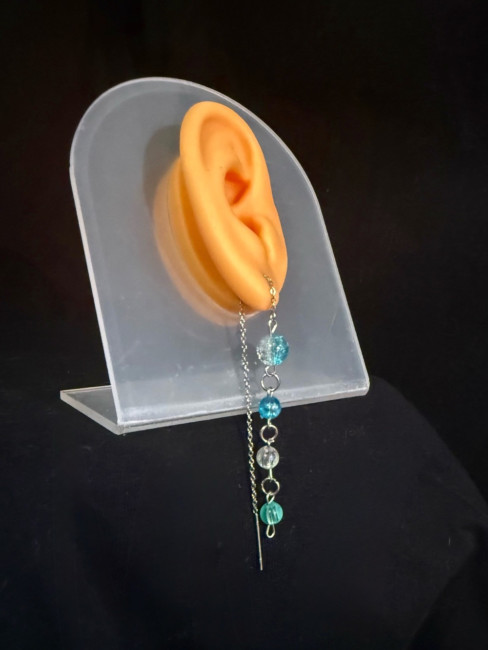 Delicate homemade Blue Bead Threaded Earrings